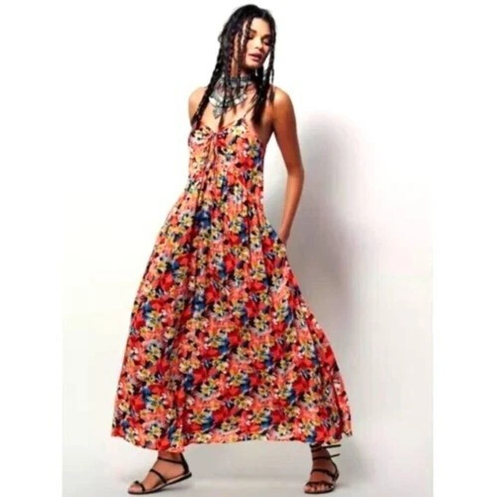 New Free People Mulberry Strappy Keyhole Floral Maxi Dress Size Small Boho Coral - Picture 4 of 6